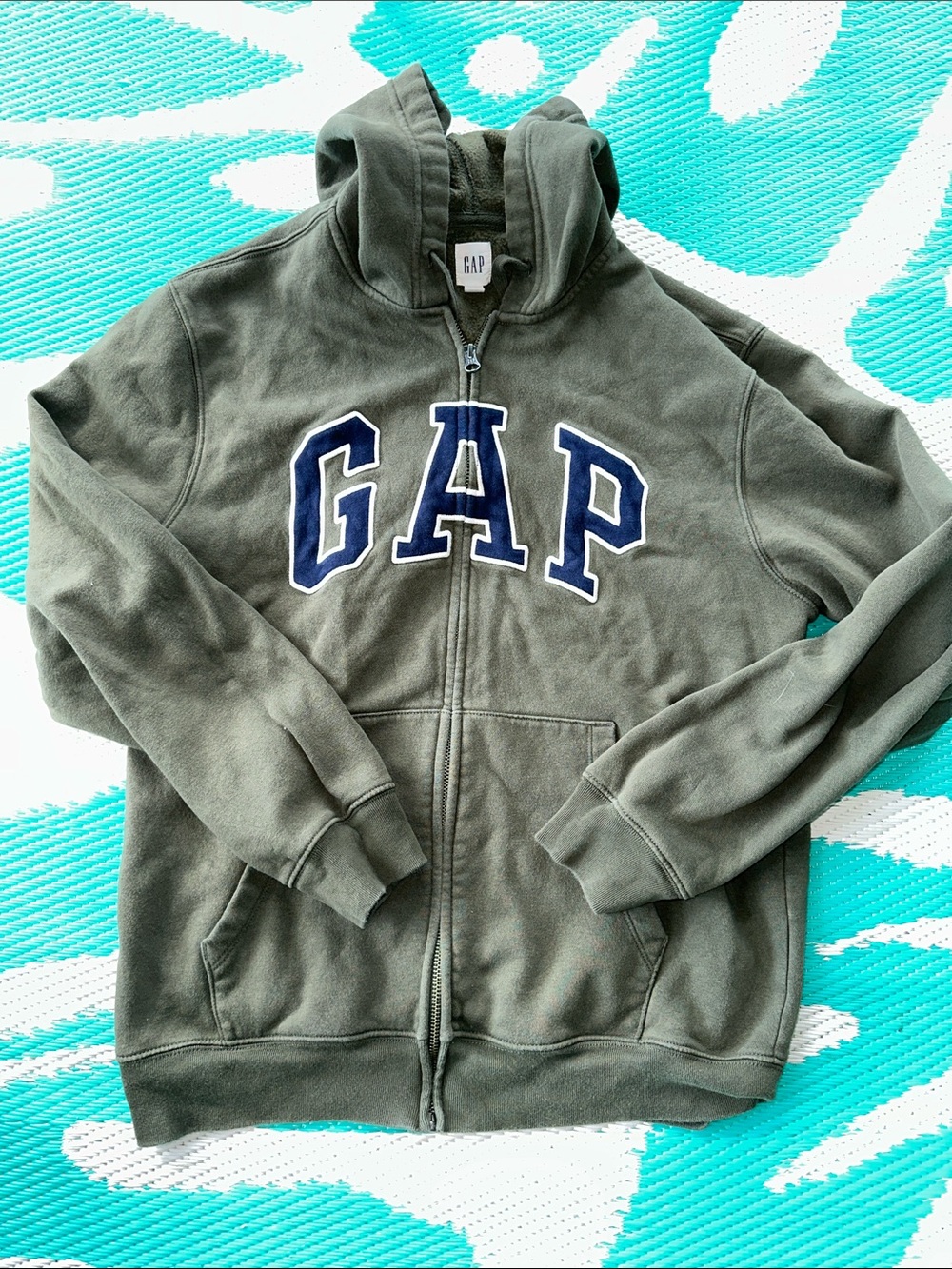GAP Olive Green Full-Zip Hoodie with Navy Logo